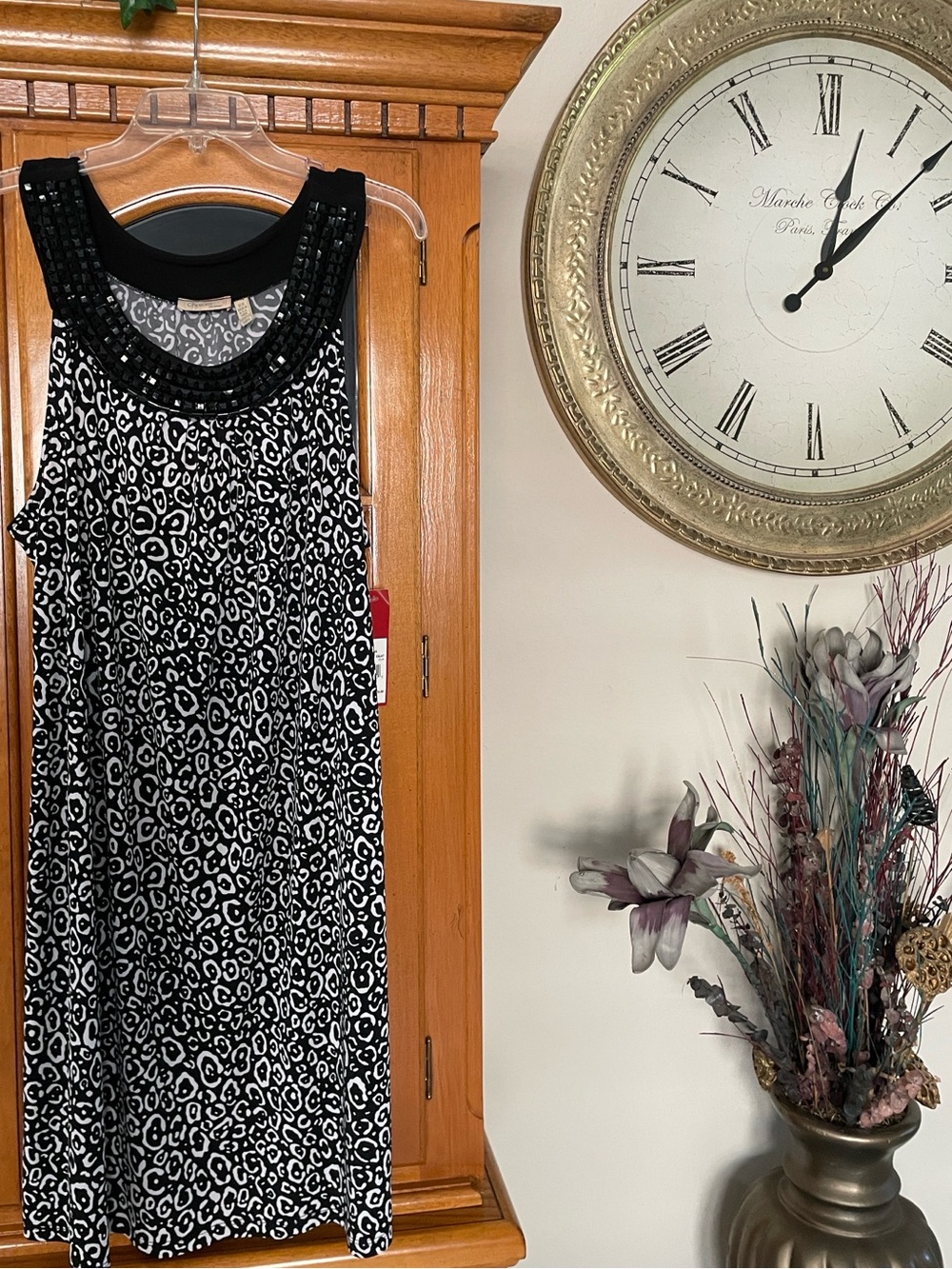 Choices Black & White Leopard Print Sleeveless Dress w Beaded Neckline plus 2XL